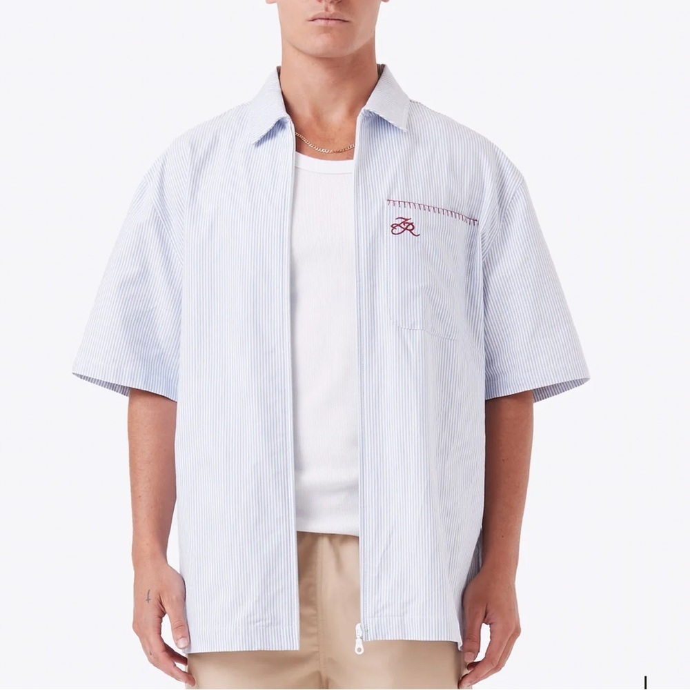 ZANEROBE men’s boxy short sleeve overshirt size M Blue Striped cotton blend